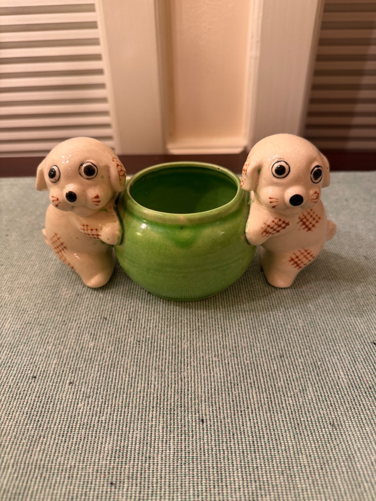 Vintage Occupied Japan Pugs/Puppies Planter, Green, Kitsch, Mid Century Pottery