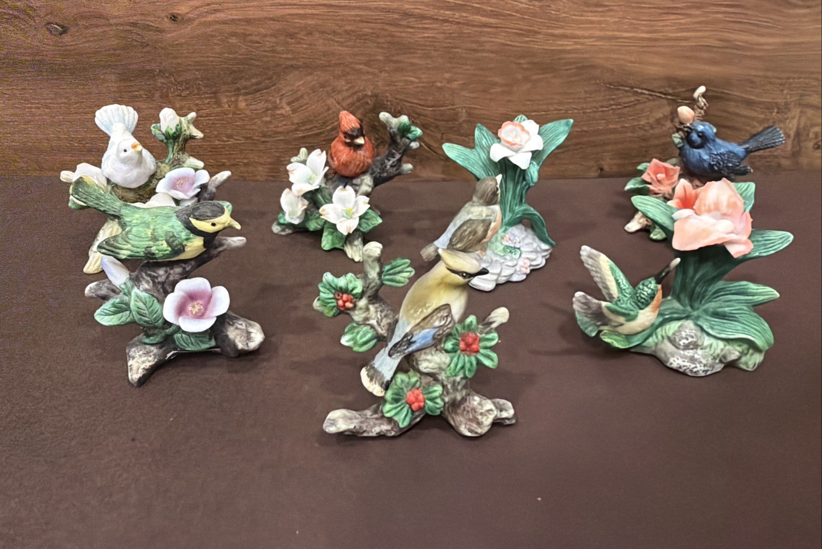 Vintage Miniature Porcelain Bird Figurines Y.H. 1990s Flower Tree Refurbished