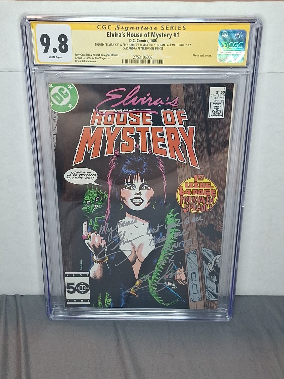 SIGNED BY ELVIRA WITH RARE INSCRIPTION ELVIRA'S HOUSE OF MYSTERY #1 CGC 9.8 SIGNED BY ELVIRA WITH RARE INSCRIPTION ELVIRA'S HOUSE OF MYSTERY #1 CGC 9.8
