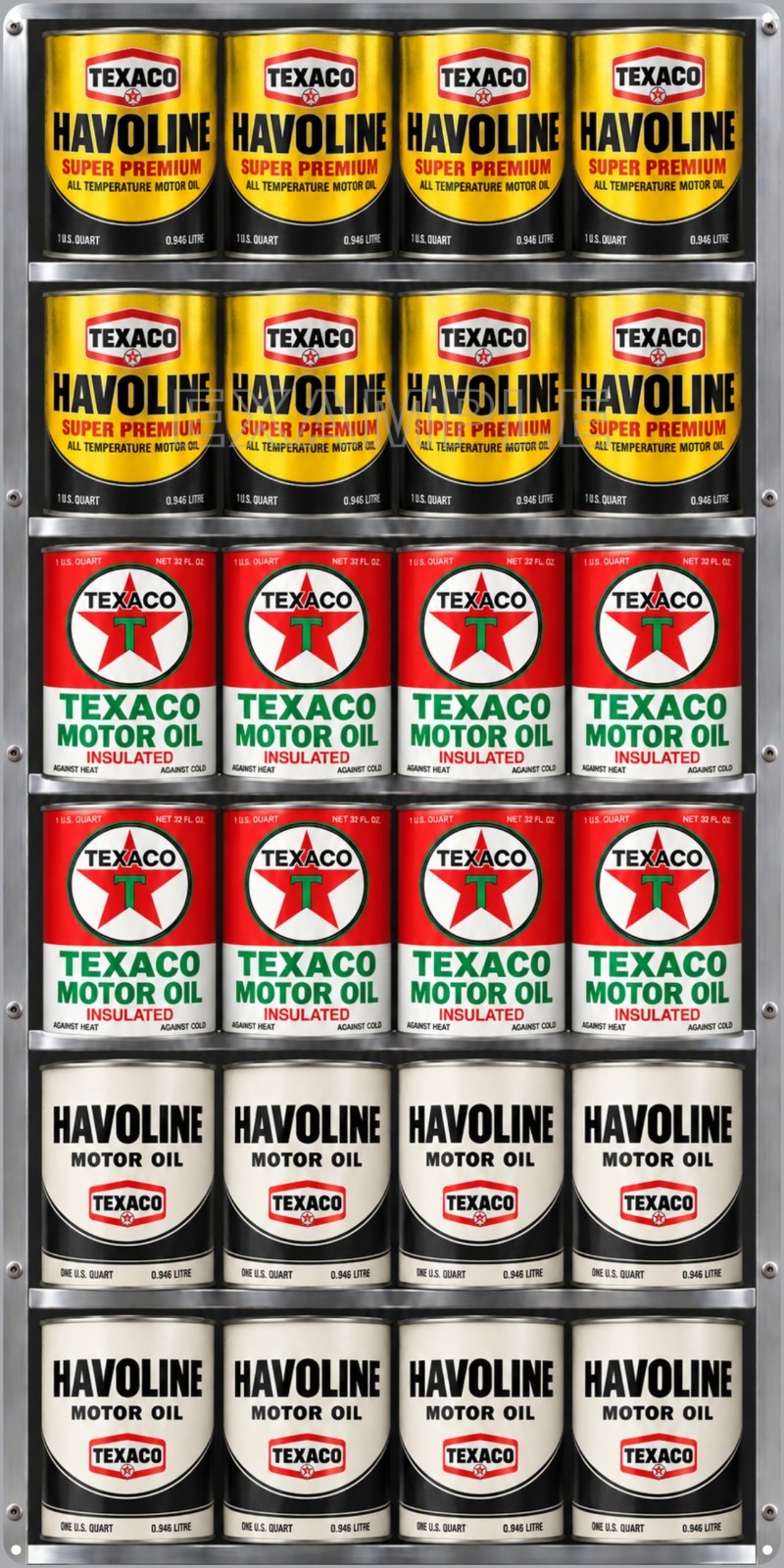 TEXACO HAVOLINE OIL CAN DISPLAY RACK GAS STATION PRINTED SIGN REMAKE ALUMINUM