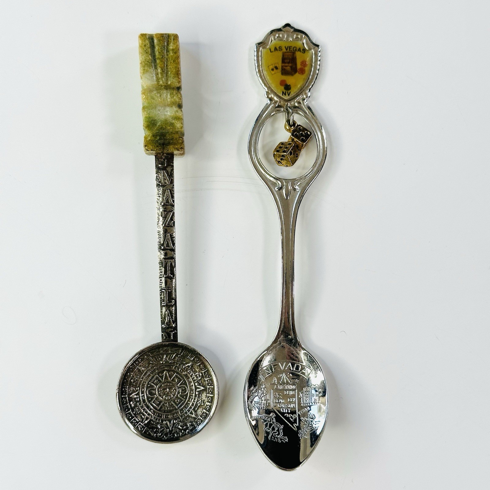 Vintage Souvenir Spoons Lot 2 Mazatlan Mexico Alpaca Aztec Las Vegas Dice