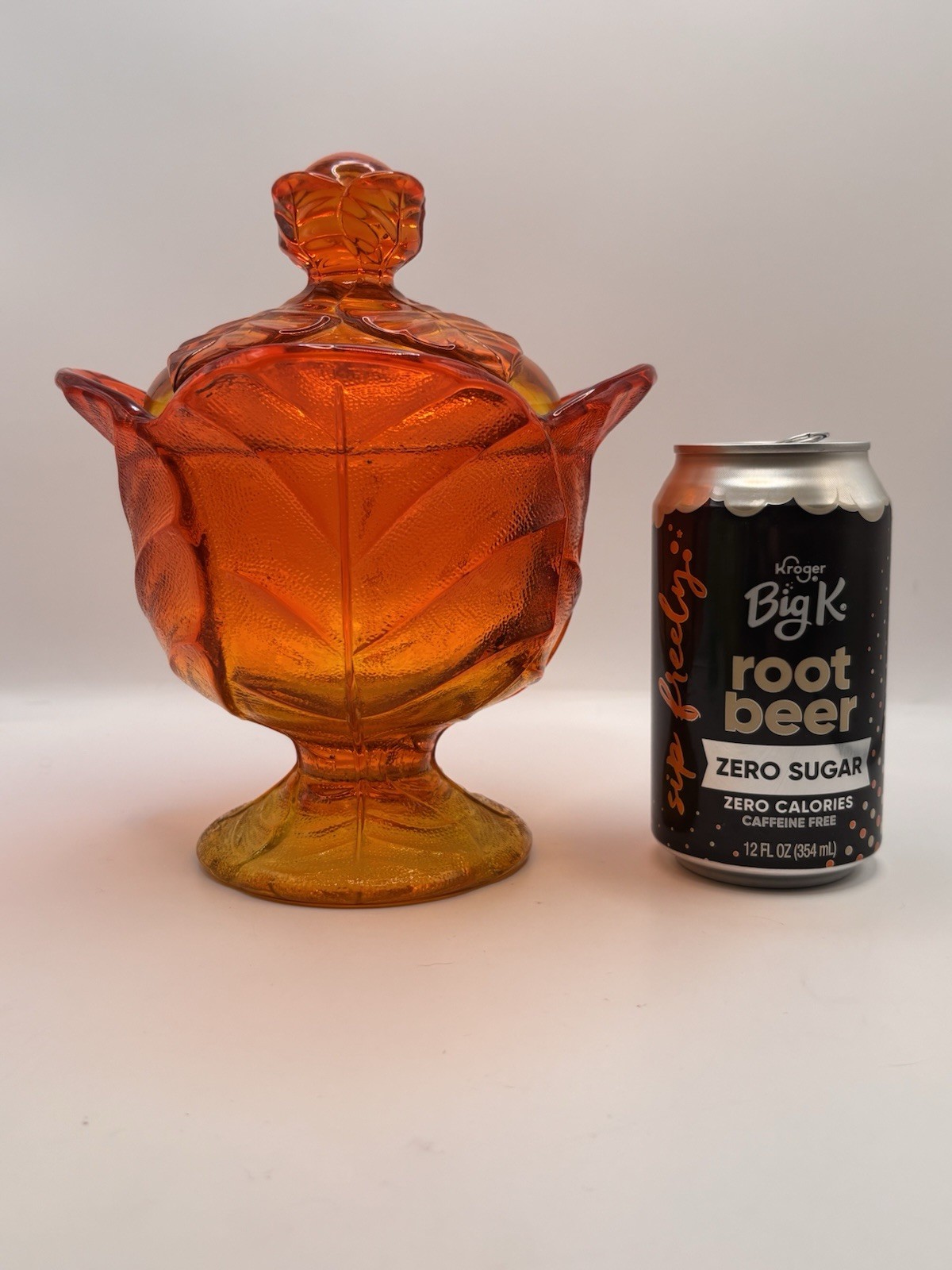 Viking Glass Epic Leaf Covered Candy Dish Amberina Persimmon Orange Glows