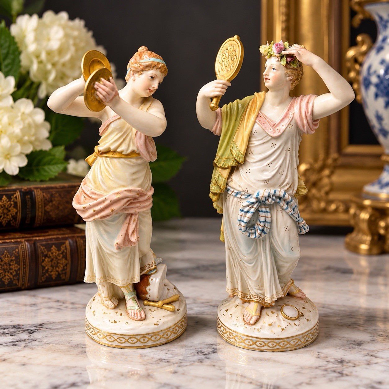 Antique KPM Berlin Porcelain Figurines Pair Five Senses Hearing & Sight