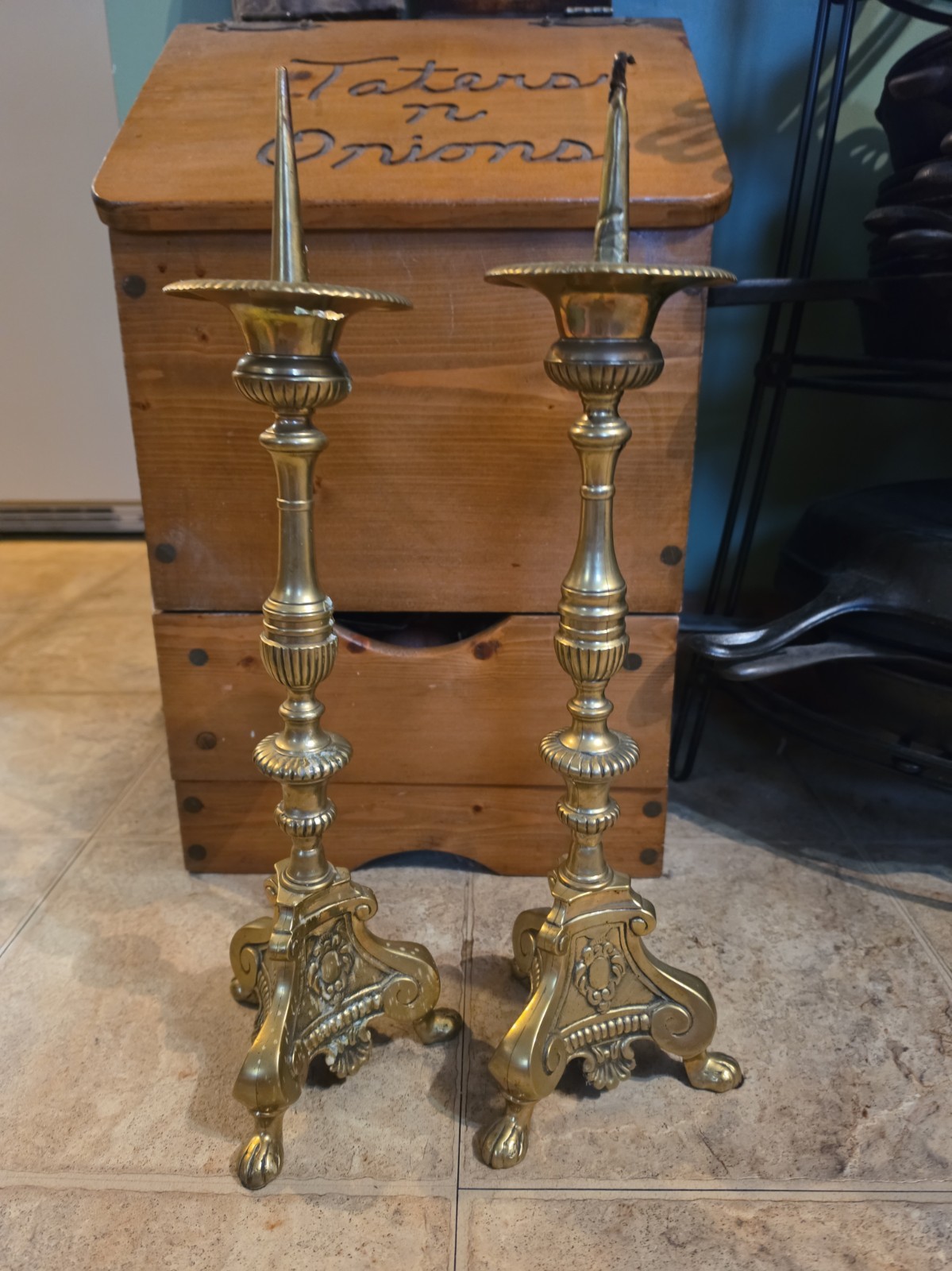 Pair of French Louis XV 18th Century Solid Brass Altar Candlestick Paw Feet