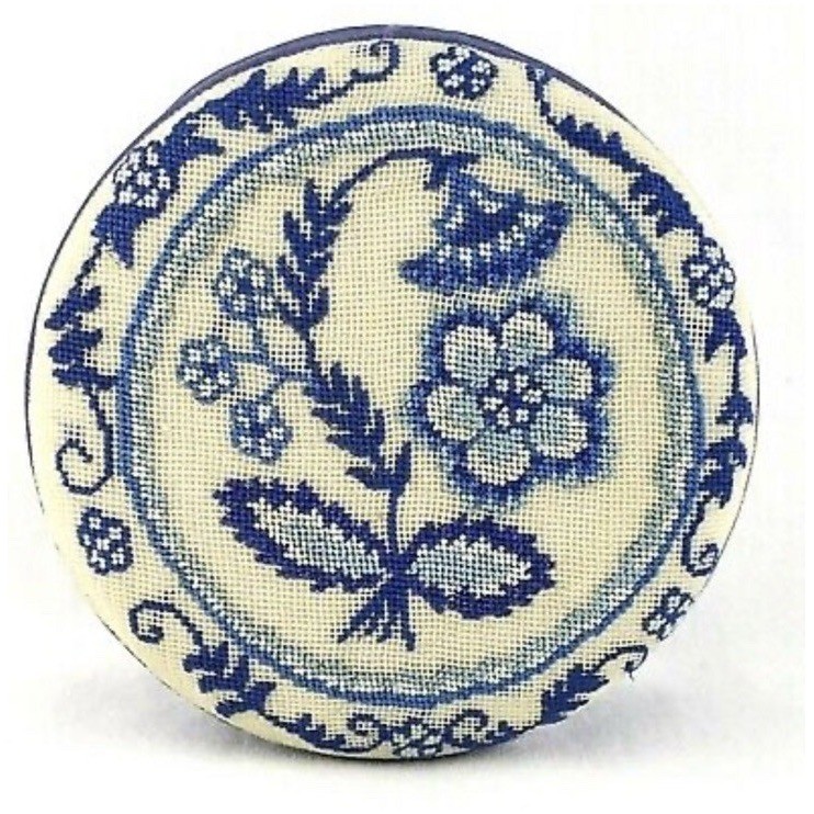 Vintage Fetco Needle Work Fabric Trinket Box Blue Cream Floral Mother's Day EC