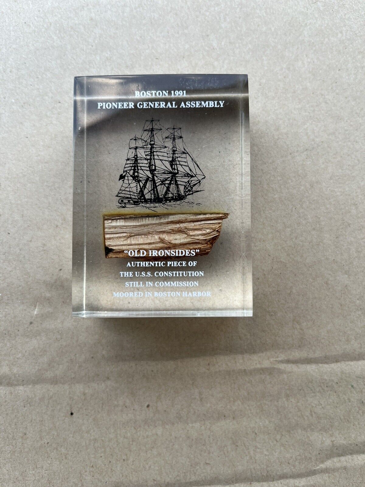 U.S.S Constitution Wood Relic In Lucite Paperweight Old Ironsides *Rare Vintage*