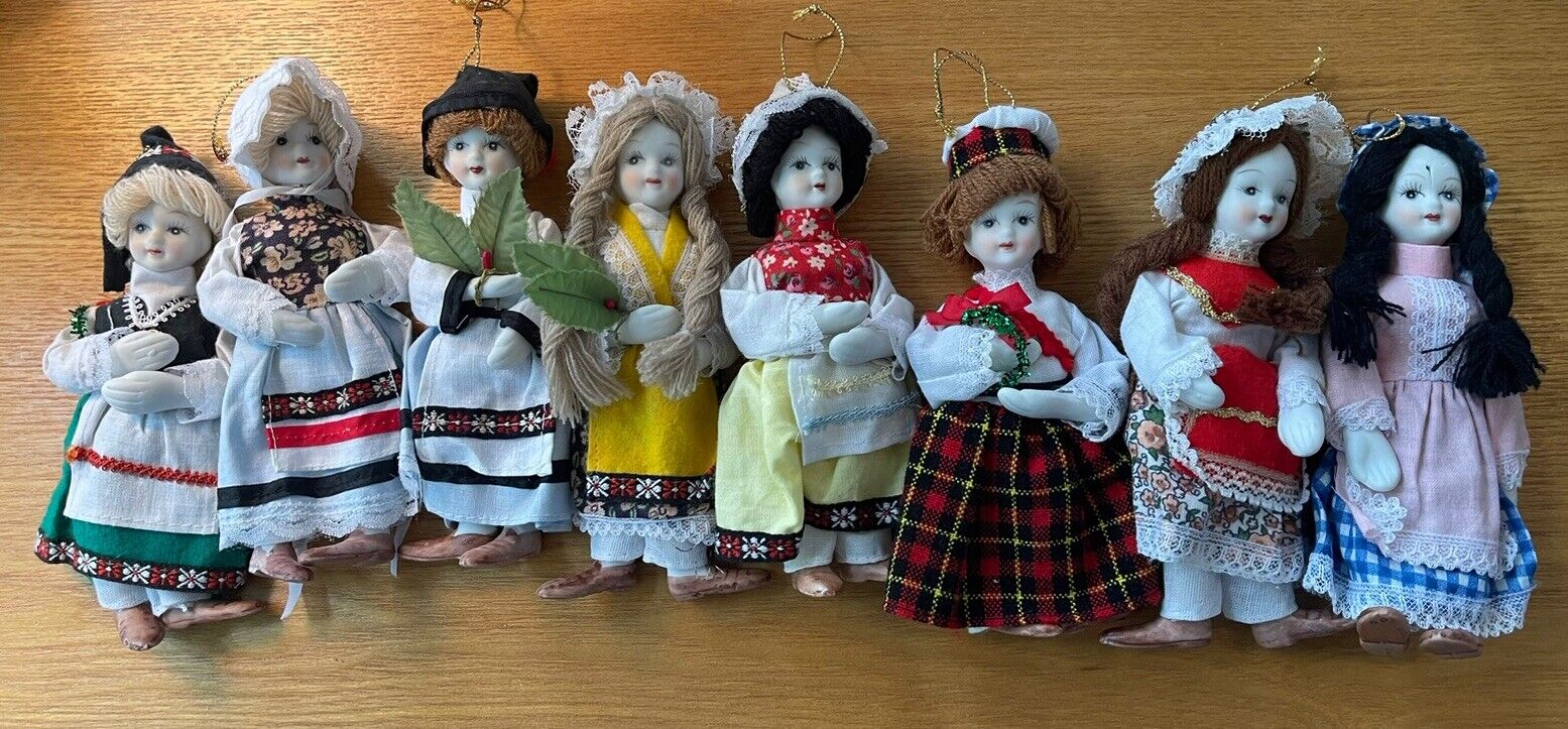 Vintage Kurt S. Adler Victorian Set Of 8 Porcelain Doll Christmas Ornaments