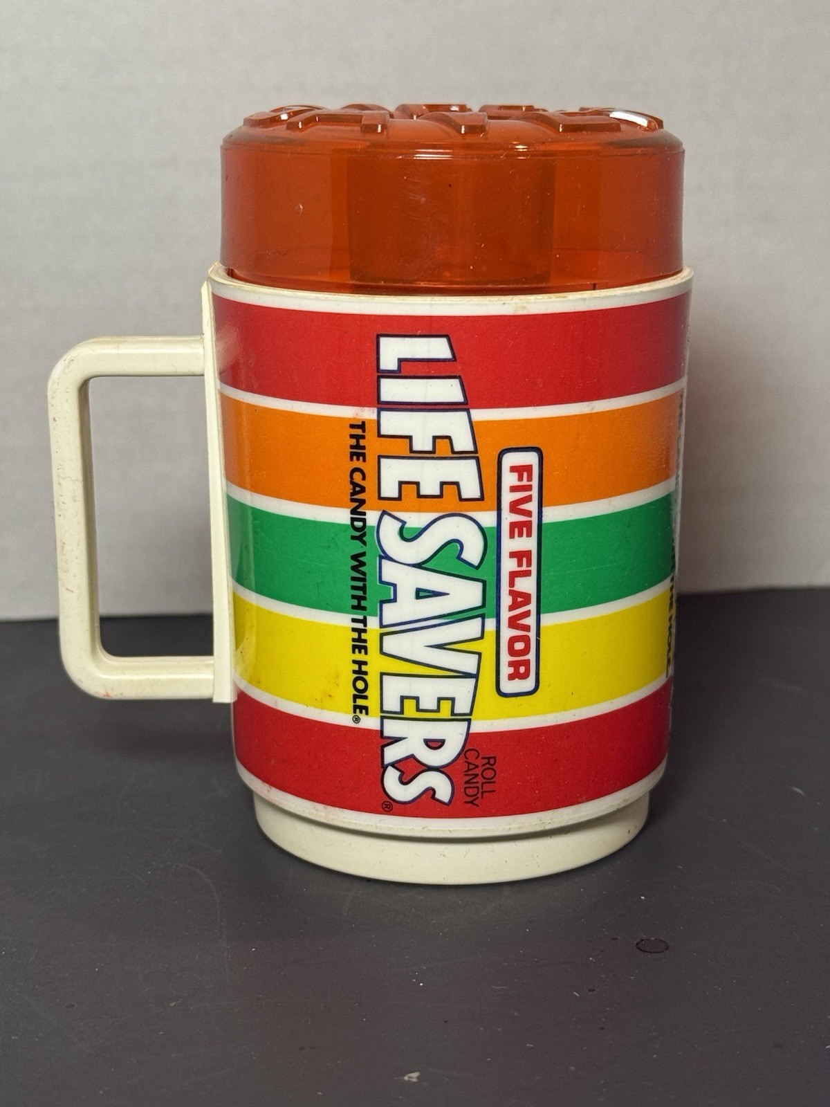 VINTAGE DEKA LIFE SAVERS CANDY Collectible Plastic Mug Sippy Cup With Orange Lid