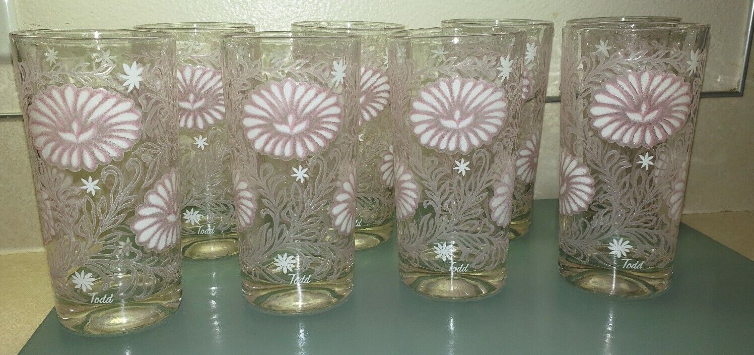 Vintage Todd Glasses 8 Oz Pink Daisy With Some Iridescence.  