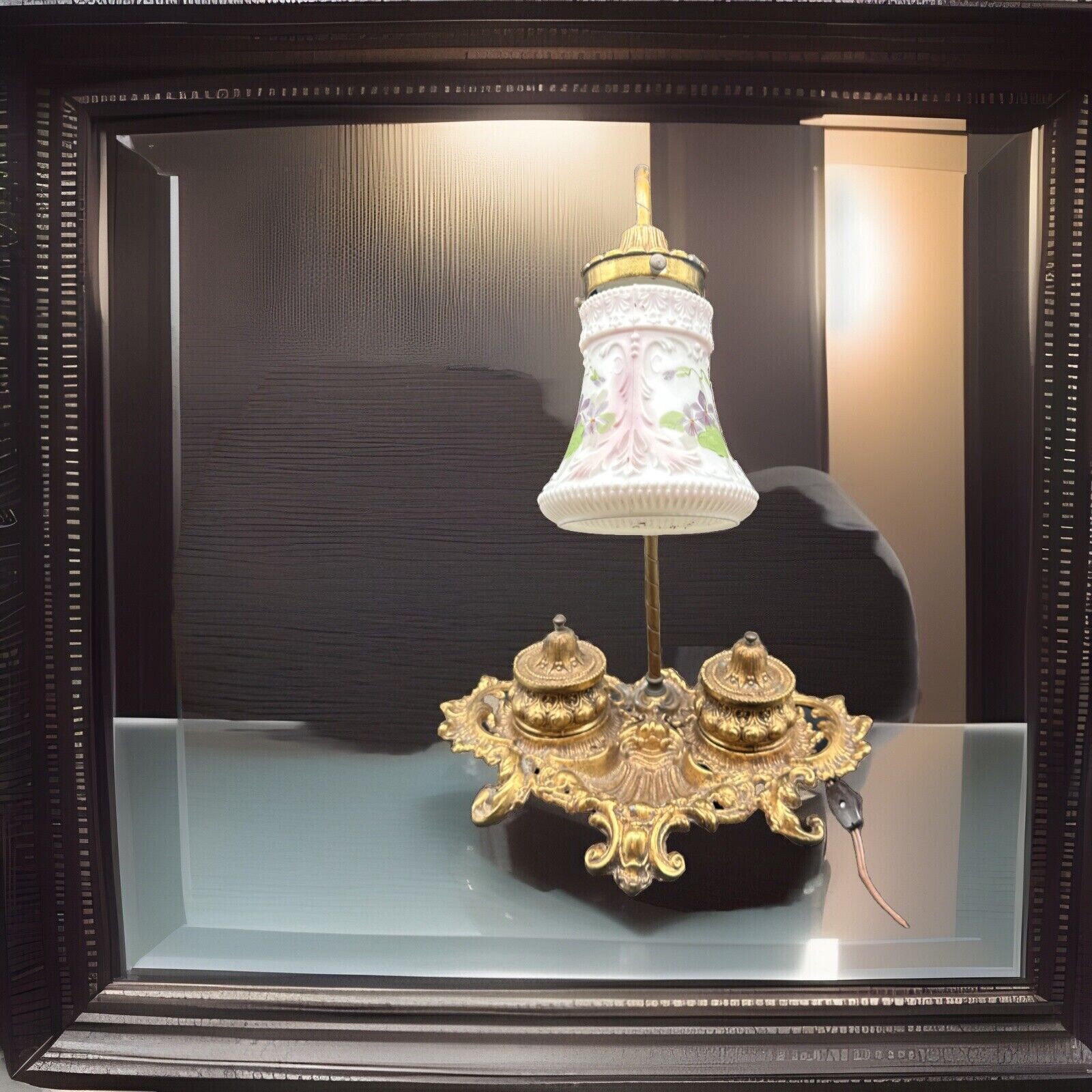 Vtg Light Lamp Ink Well/ Trinket Brass Victorian Art Nouveau Lighting Porcelain
