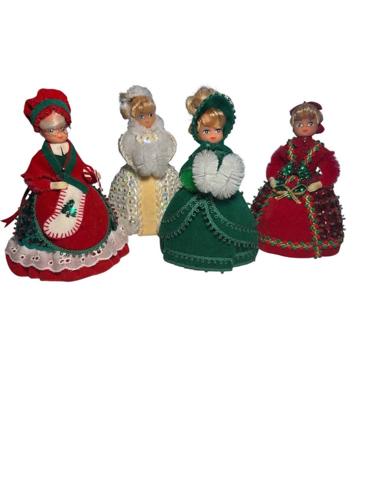 Vtg Li’l Missy Beaded Dolls Christmas Sequined Decorations Set Of 4