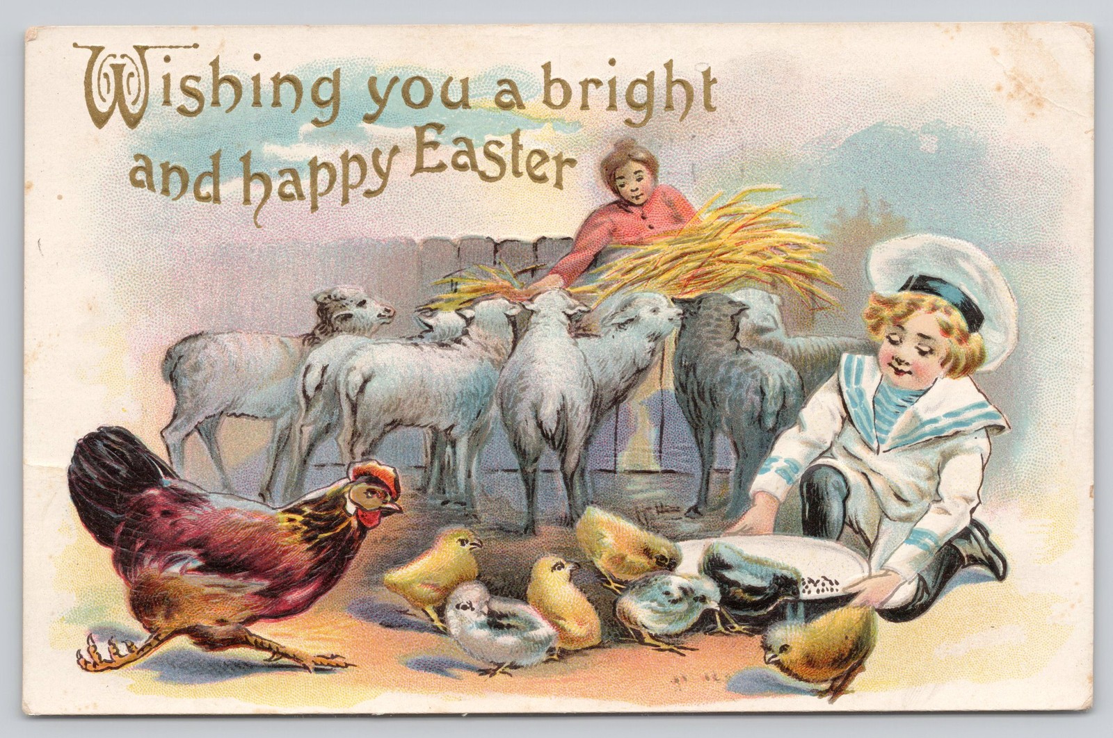 Antique 1909 Easter Postcard Children Feeding Chicks Lambs Embossed