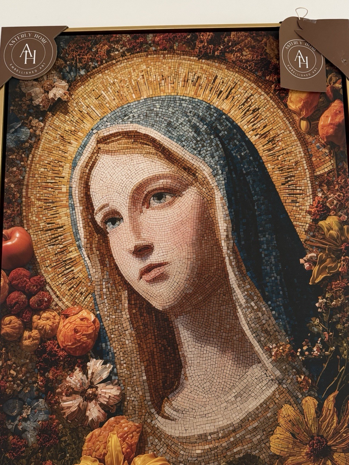 Virgin Mary Framed Religious Wall Art Floral 20x30.5 NEW W/Tags