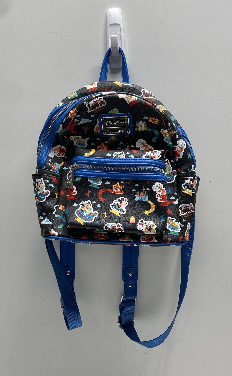 Disney Parks Loungefly Black Multi Icon Print Mini Backpack Blue Trim