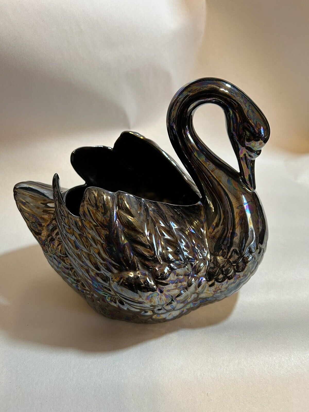 Swan Planter Vase Iridescent Black Ceramic Similar to Holland Mold But Bigger