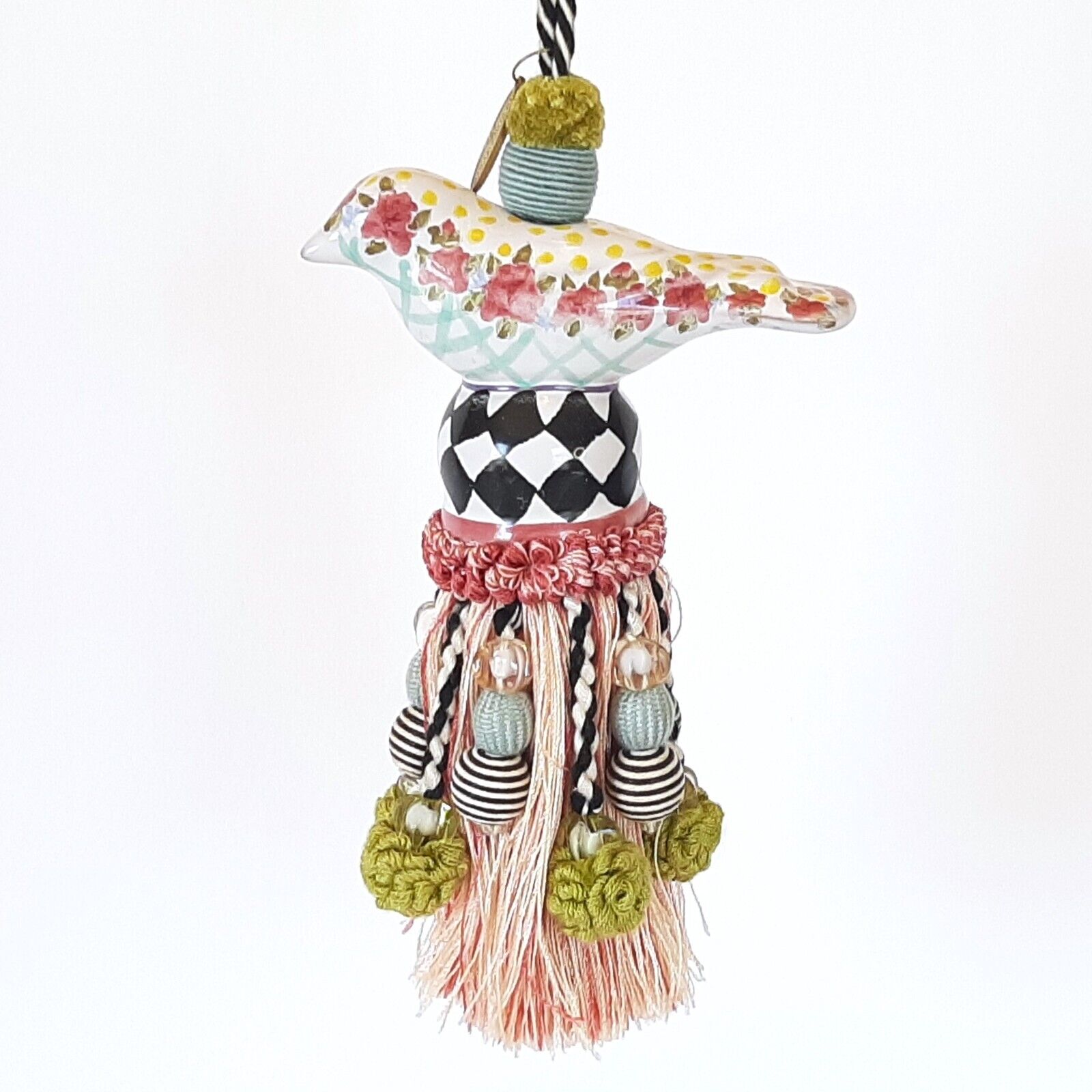 MacKenzie Childs Ceramic Bird Tassel Pink Blue Olive Courtly Check and Beads