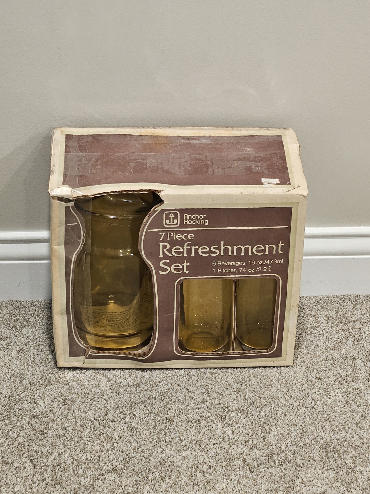 Vtg Anchor Hocking Newport 7 Piece Refreshment Set Honey Gold Pitcher & 6...