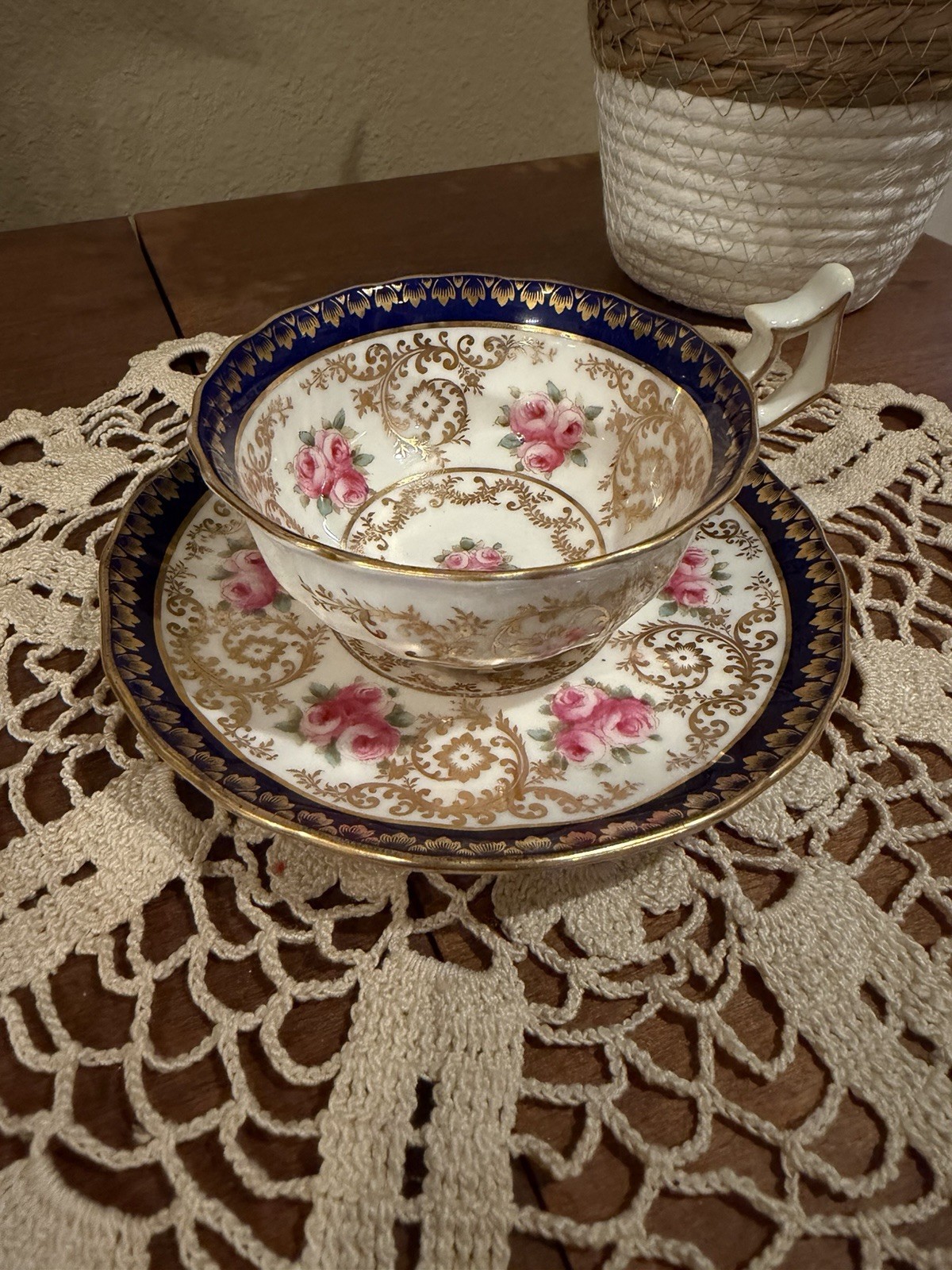 Antique Cauldon England N3983 Cobalt Blue Pink Roses Gold Gilt Teacup & Saucer
