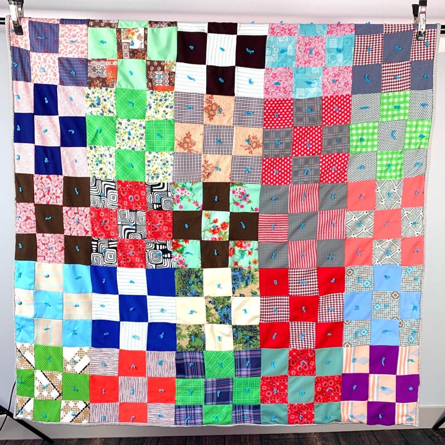 Vintage Hand Quilted Polyester Colorful Patchwork Quilt Car Picnic Blanket 62\