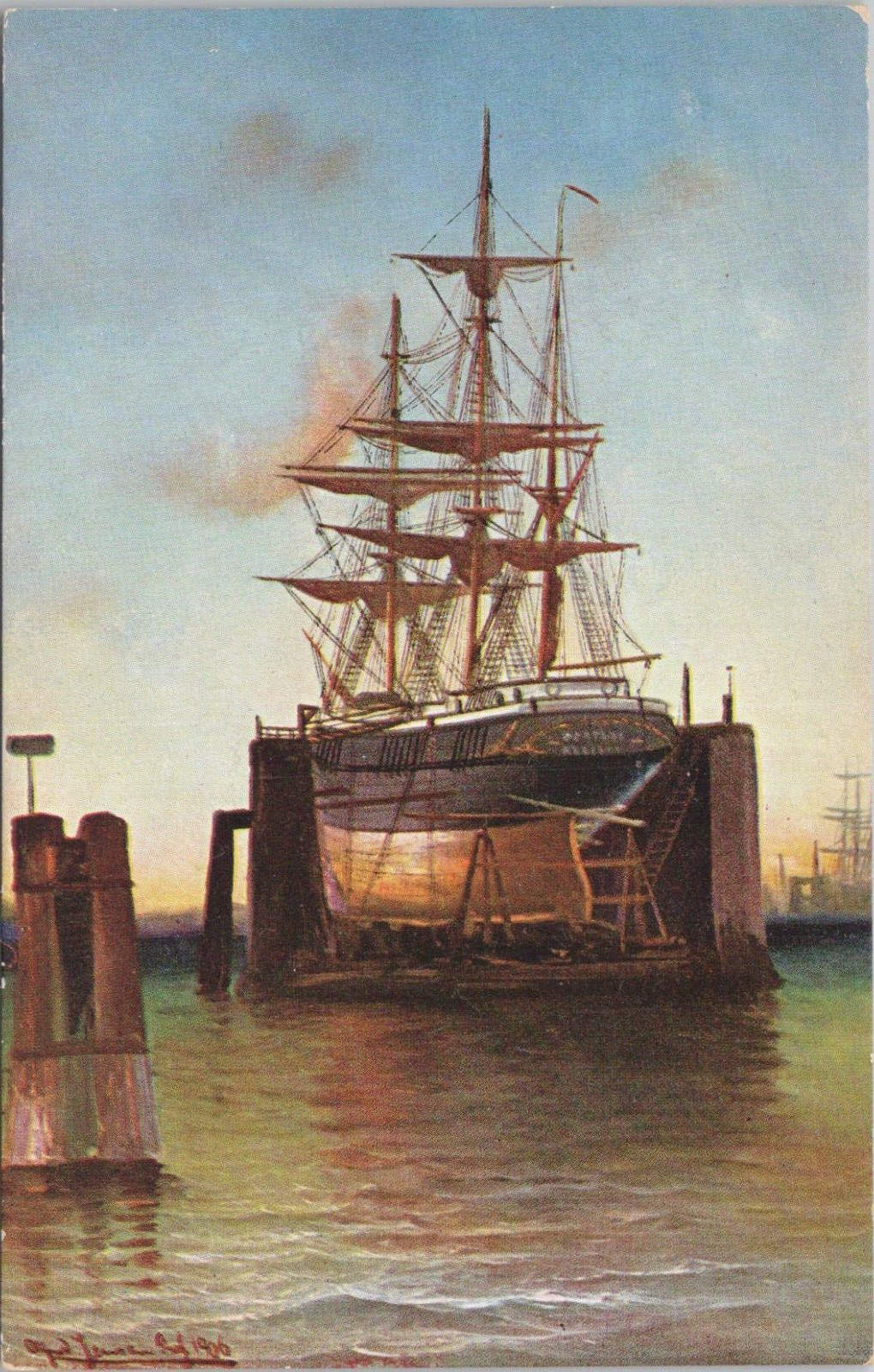 LITHO Sailing Ship Docked Europe 1906 Great American Novelty Art Series