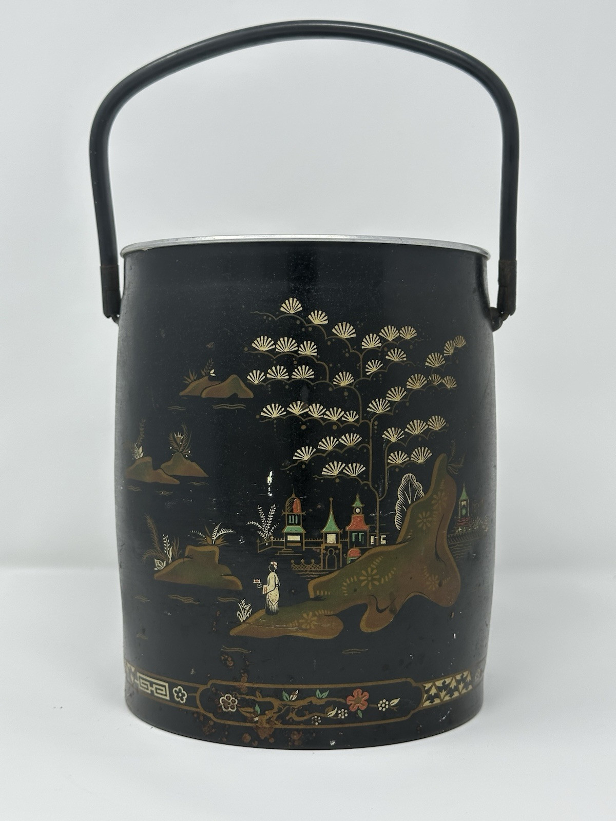 Vintage Baret Ware China Gardens Ice Bucket, Black & Gold Chinoiserie Design Vintage Baret Ware China Gardens Ice Bucket, Black & Gold Chinoiserie Design