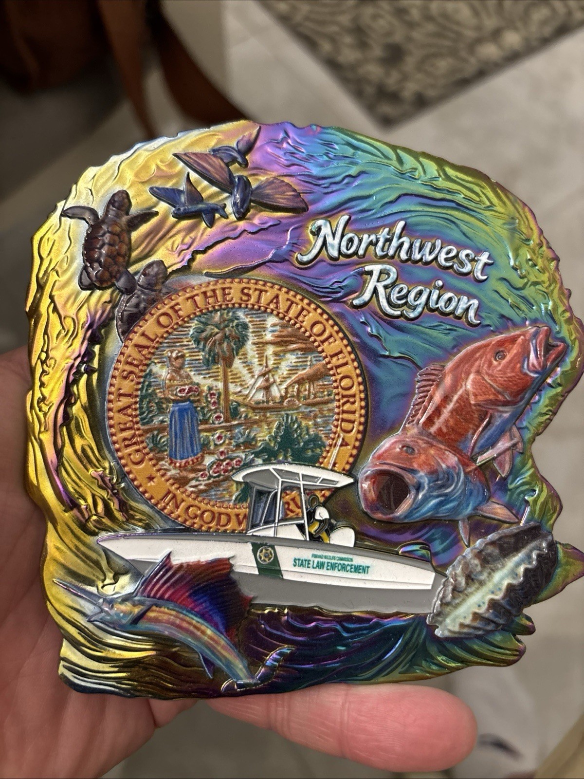 Florida FWC Northwest Region Challenge Coin- Large And Heavy (Oil Slick Variant)