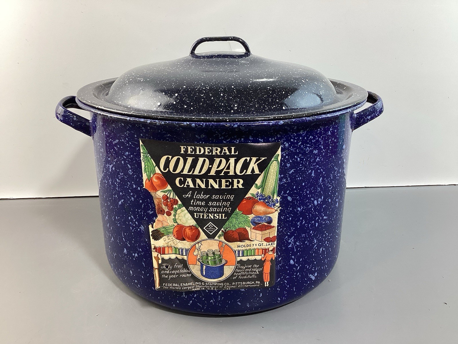 Vintage Blue Speckled Enamelware Federal Cold Pack Canner Pot w/ Rack & Lid