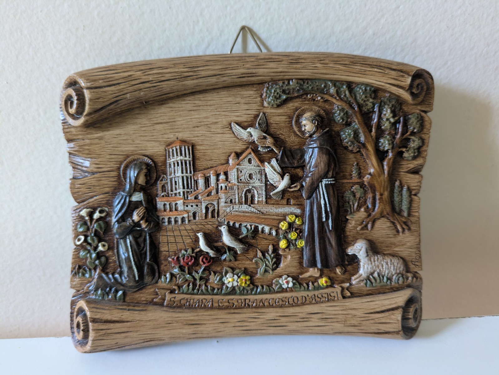 Vintage Italian Wall Plaque of Saint Clare and Saint Francis of Assisi 