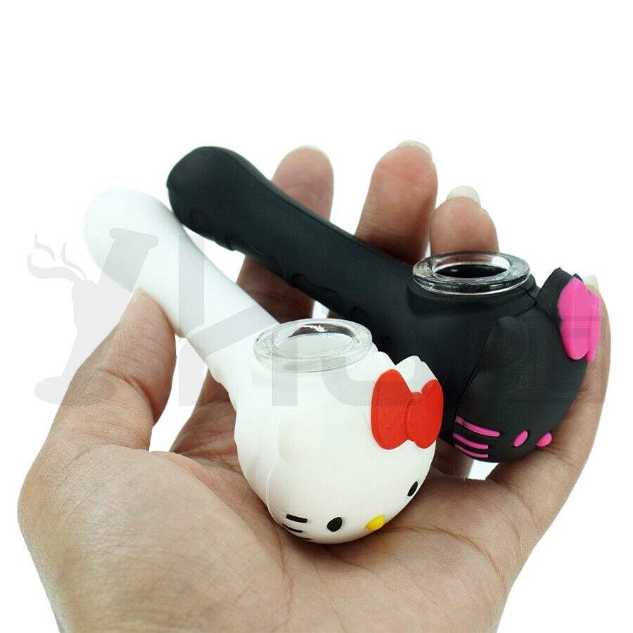 Cute Hello Kitty Smoking Pipe Cigar Tool Silicone Black Tobacco Pipes Glass Bowl