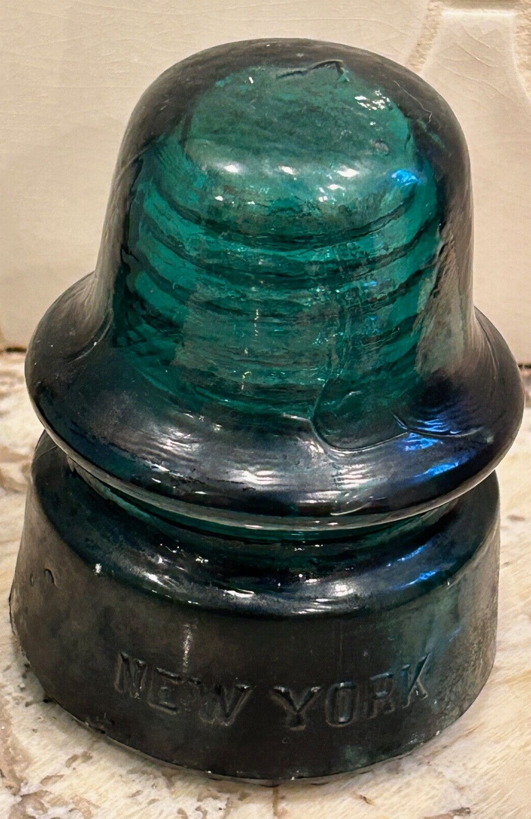 vtg Brookfield glass INSULATOR antique NY aqua blue dark green sharp drip points