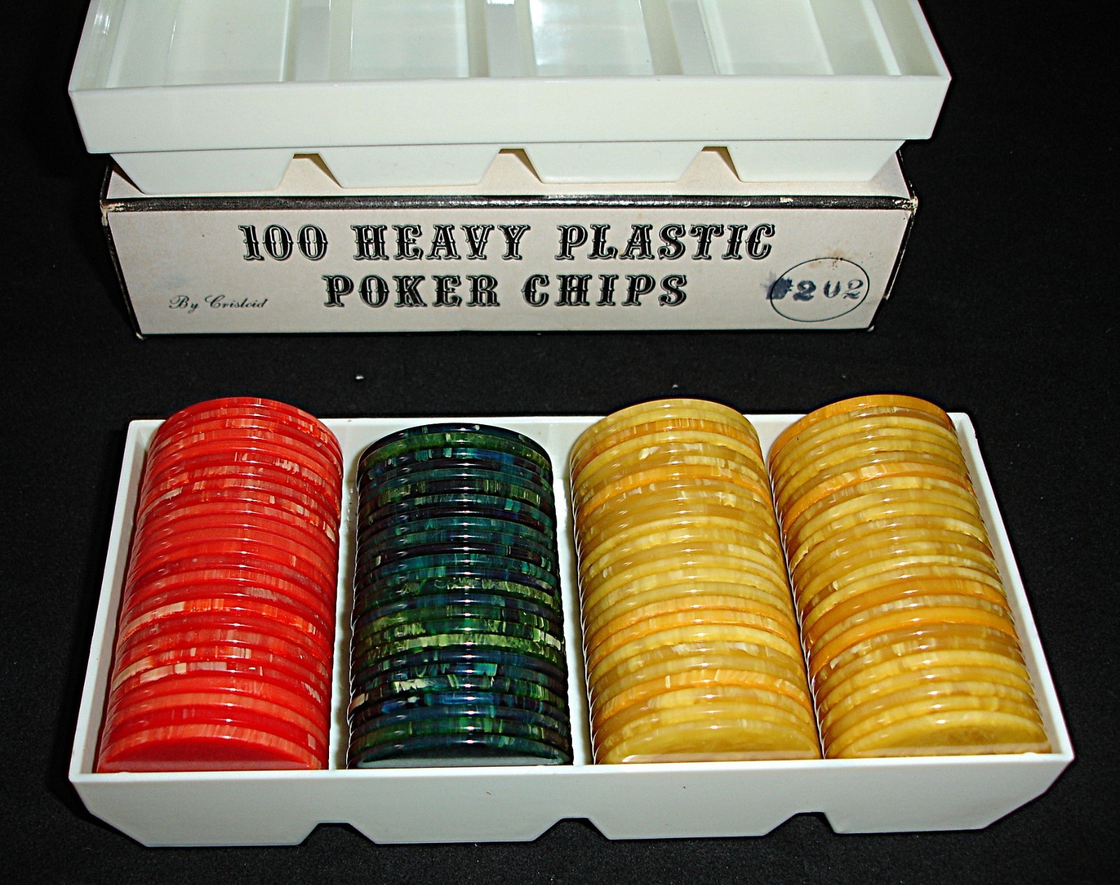 Bakelite Vintage Box of 100 Crisloid Green Red And Yellow Marble Poker Chips