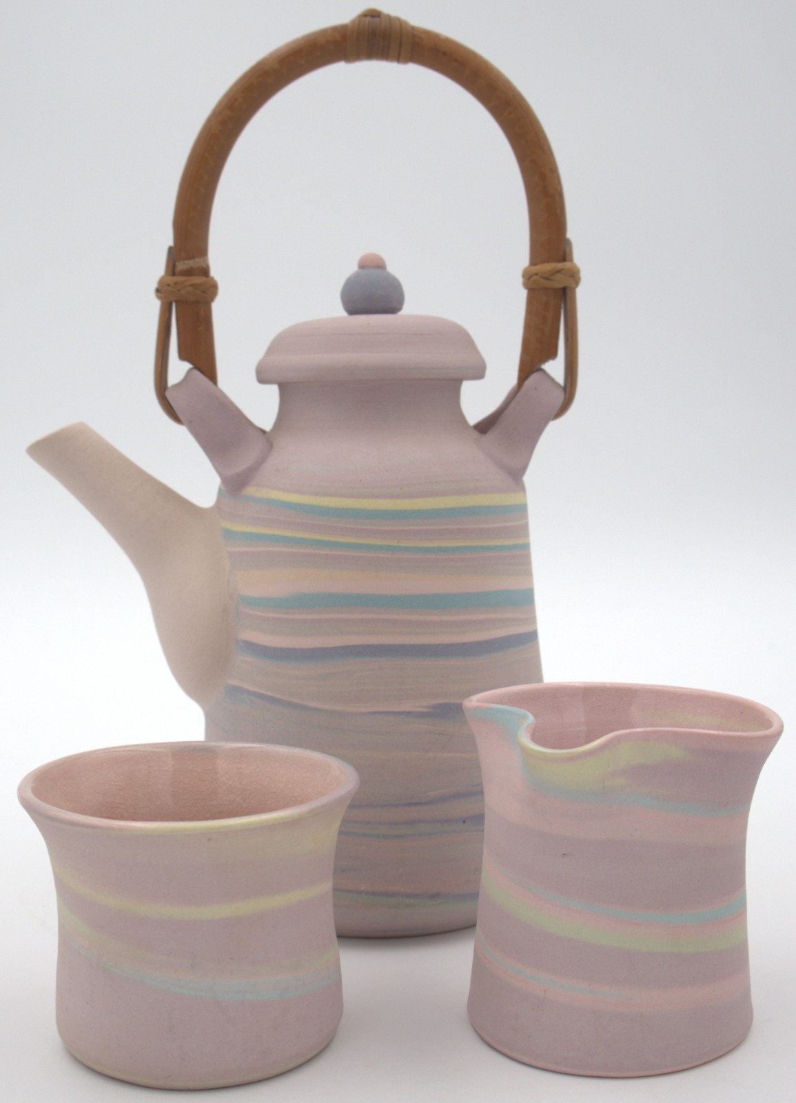 Vintage Jan Wax Studio Pottery Pastel Banded Tea Set Teapot Bamboo Handle 3pc