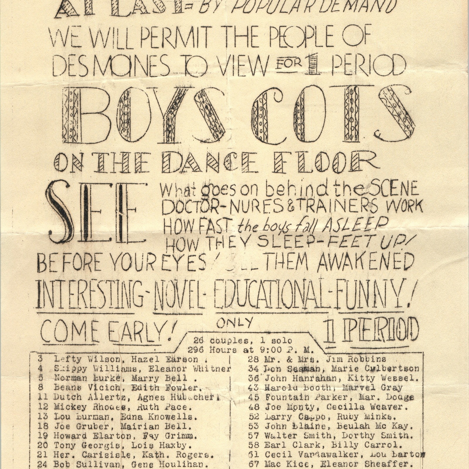 1930s Charles City Dance School High Broadside Sleep IA Boys Poster Satirical 8B