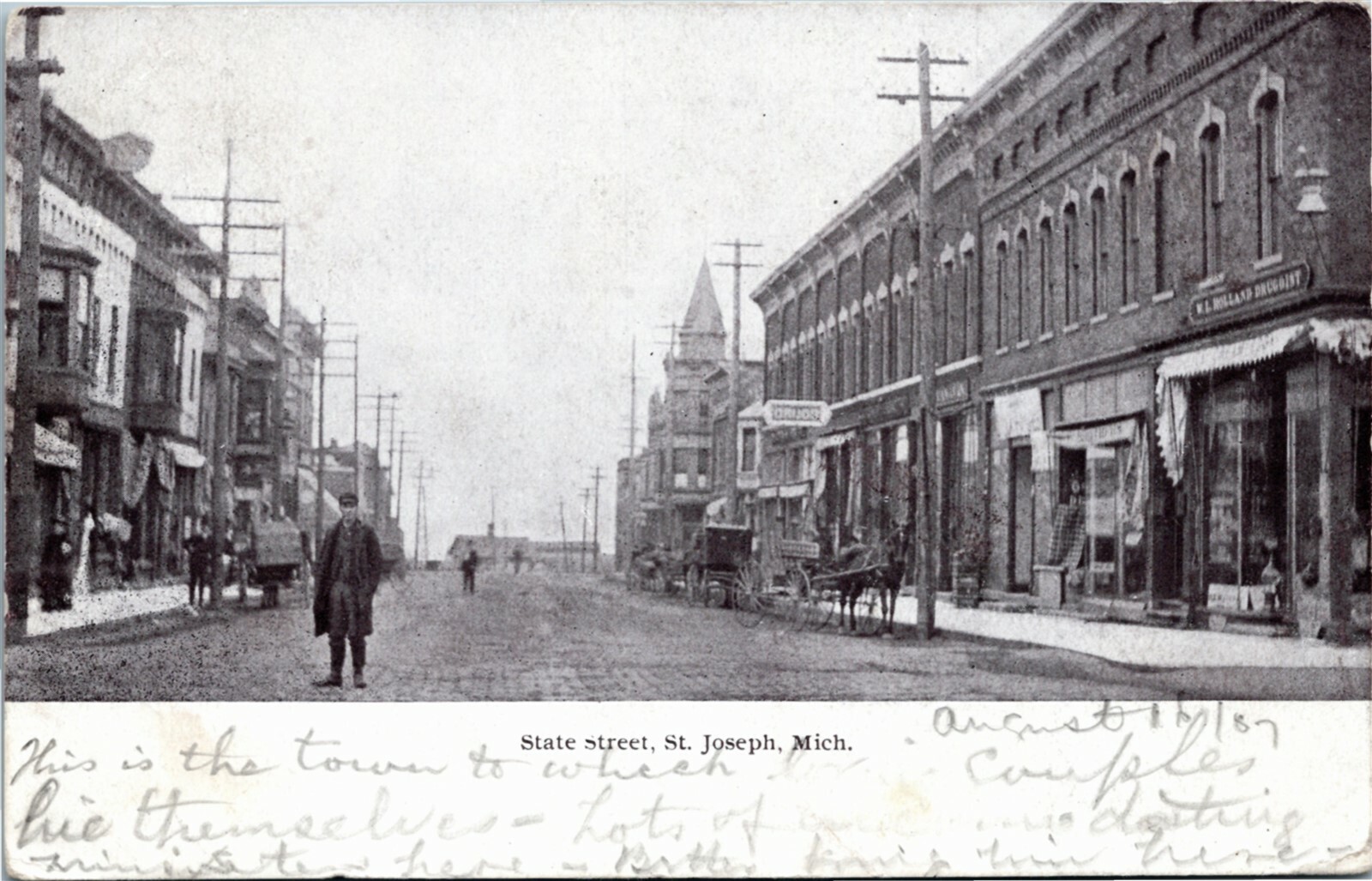 Postcard MI St. Joseph State Street Flag Cancel Drug Store Street-View 1907 M38