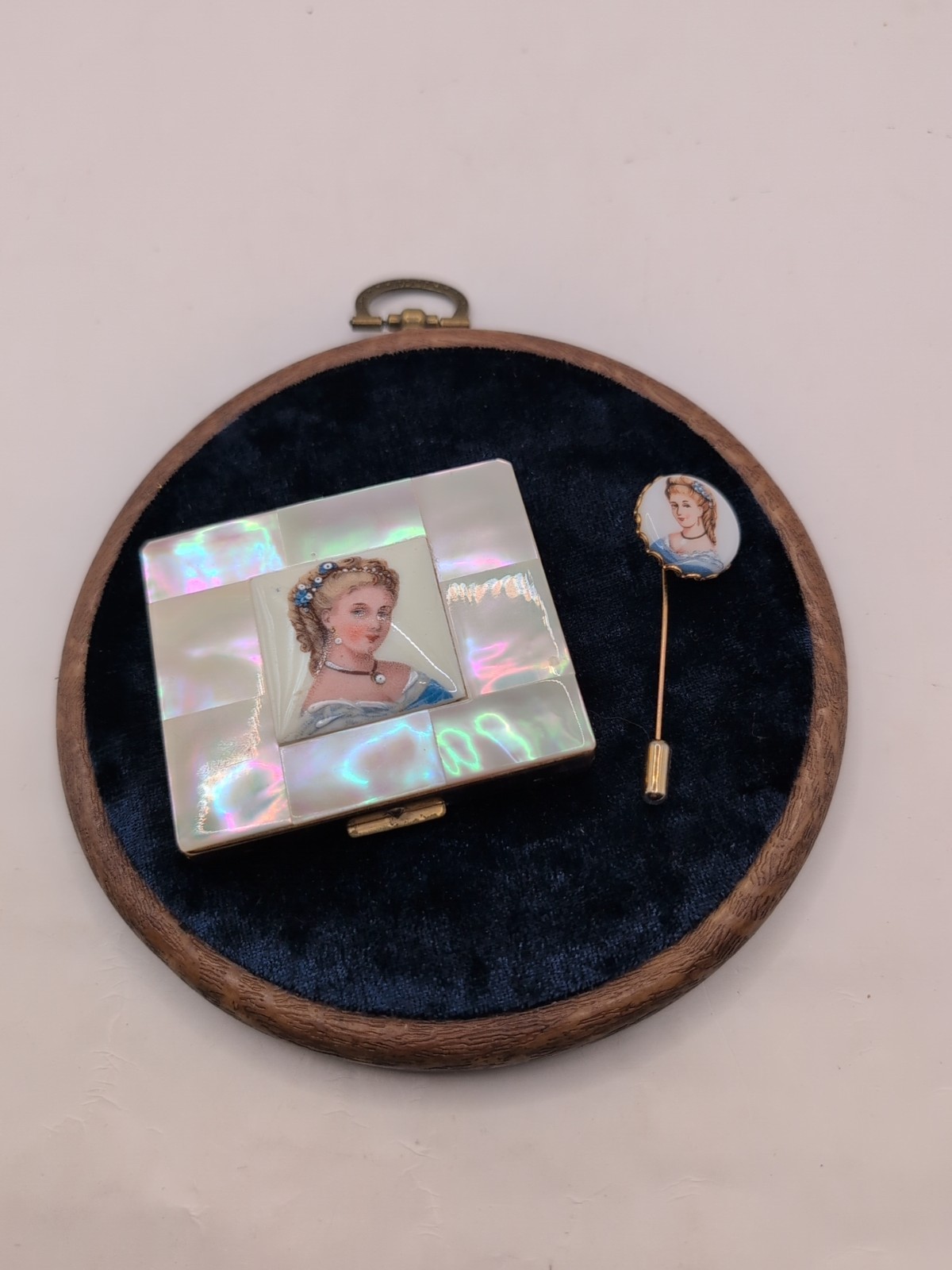 Vintage Marhill Mother Of Pearl Hand Painted Victorian Compact With Matching...