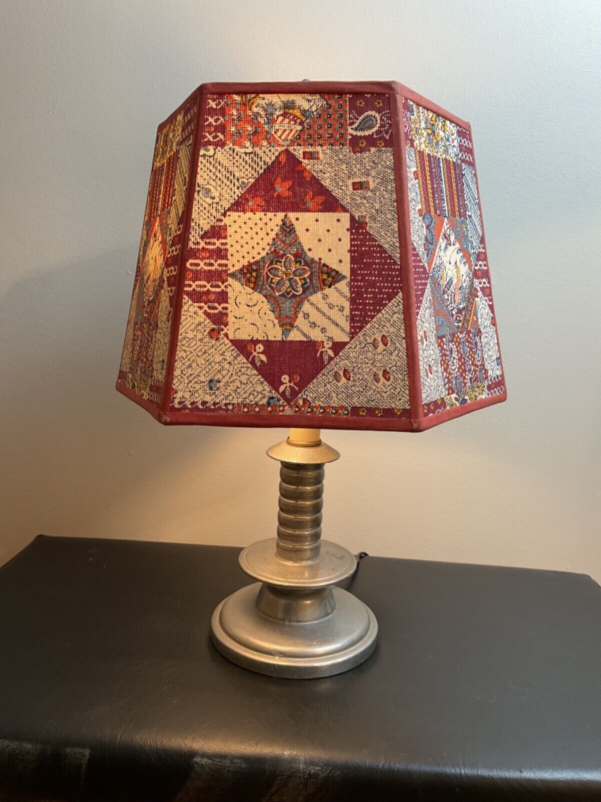 VTG Wilton Columbia PA Pewter Desk Table Lamp with Americana Fabric Shade