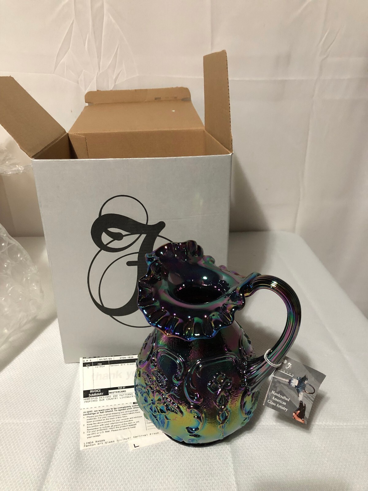 Vintage Fenton Amethyst Purple Carnival Glass Pitcher/Wildrose & Bowknot/In Box