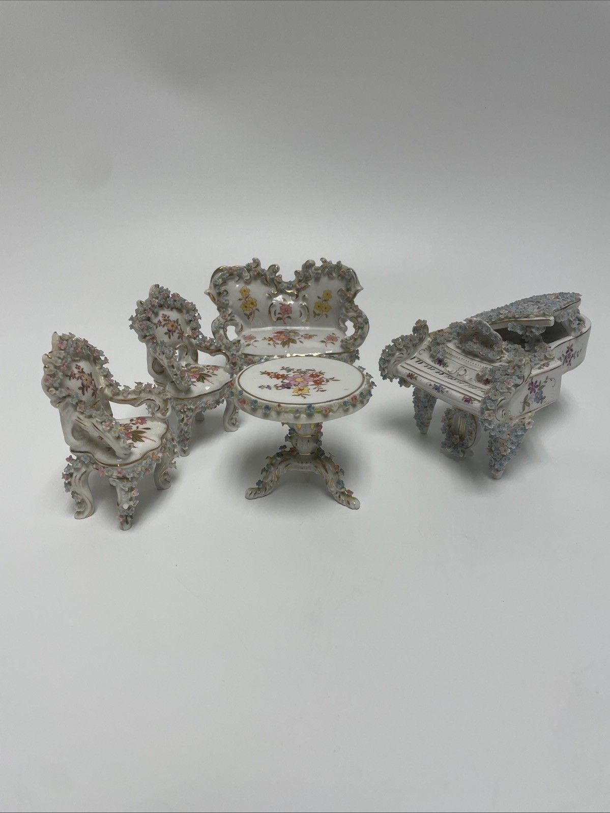 Antique German Dresden? Like Elfinware Mini  Porcelain 4 Pc Parlor Set Chairs+