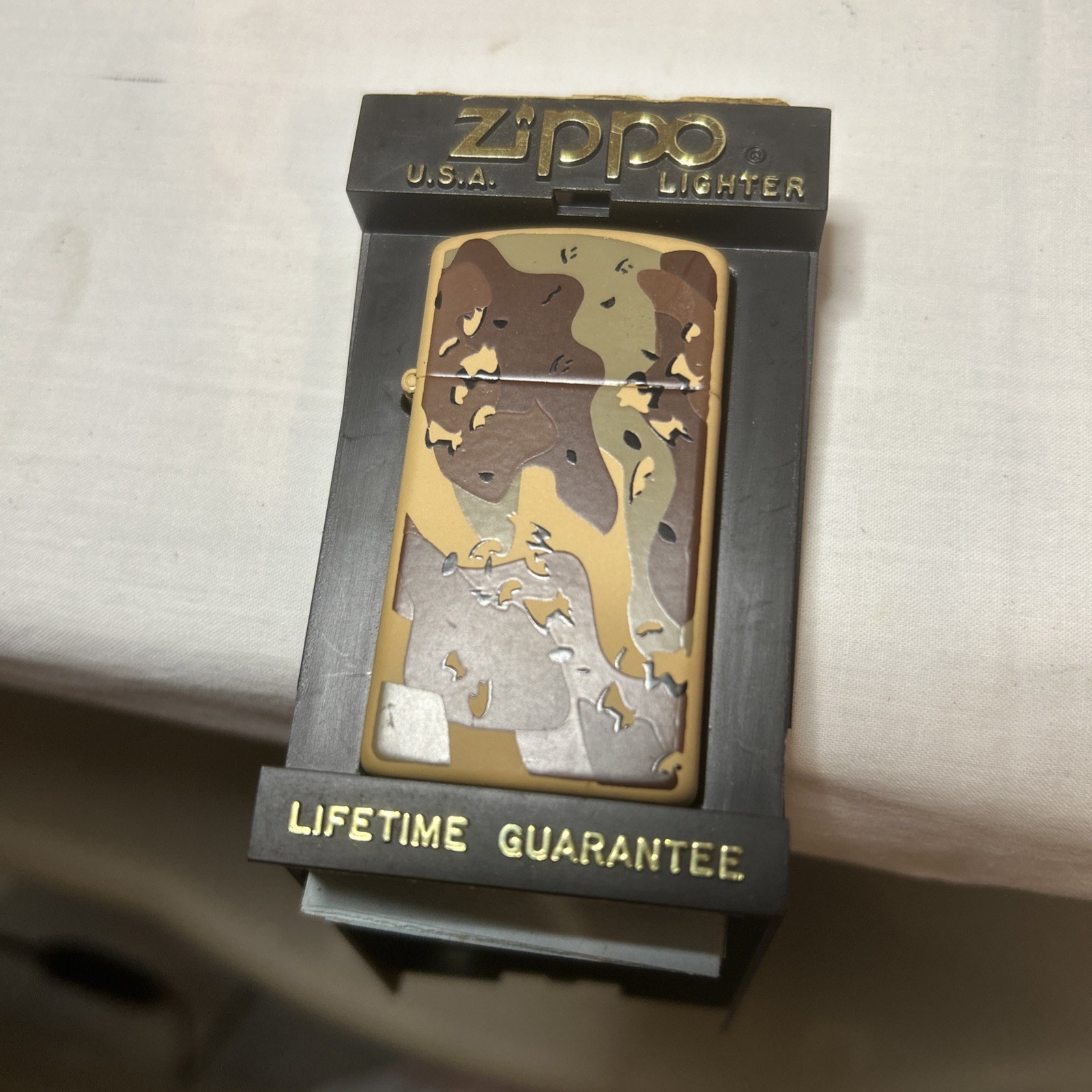 Vintage 1990 Desert Tan Camo Slim Zippo Lighter New