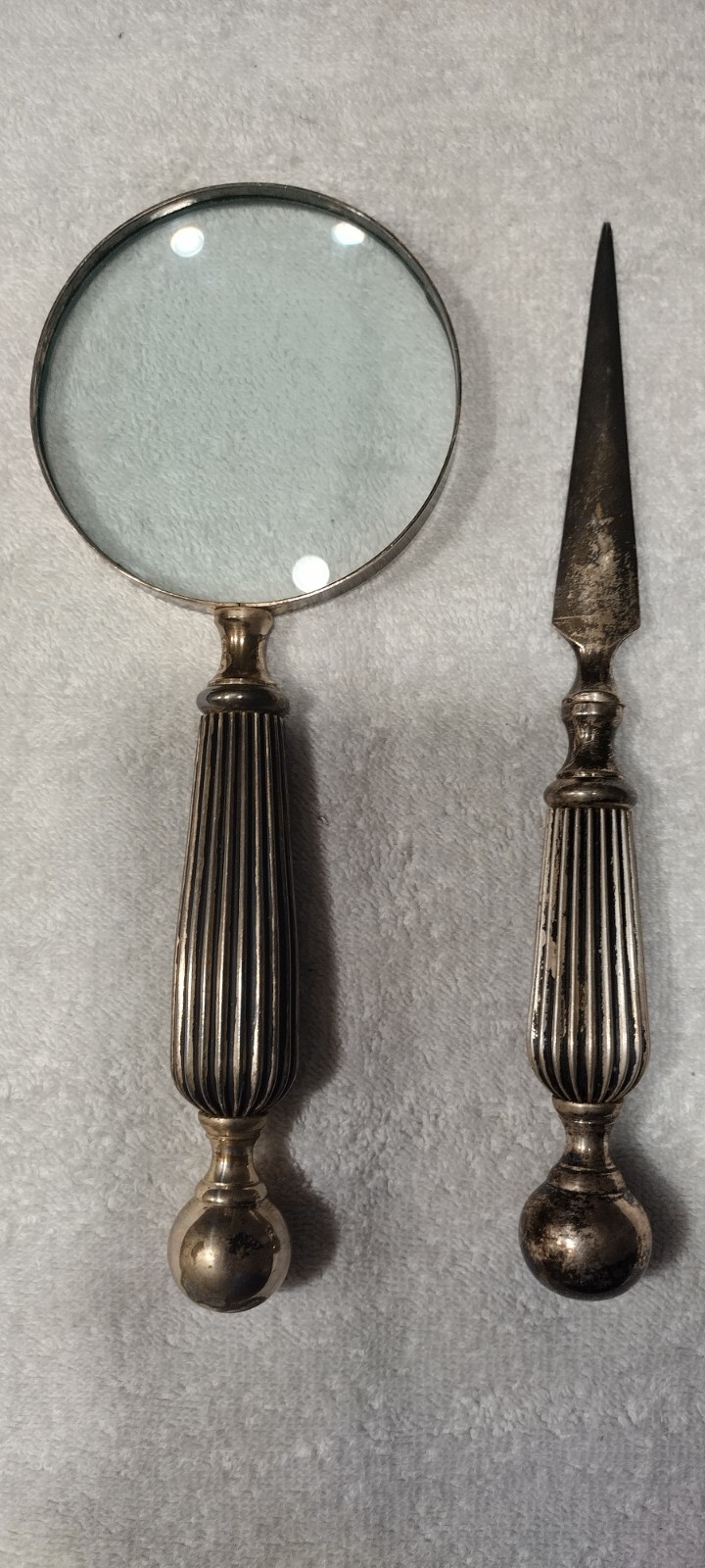 Vintage Ribbed Silver Plated Magnifying Glass ,  Letter Opener.