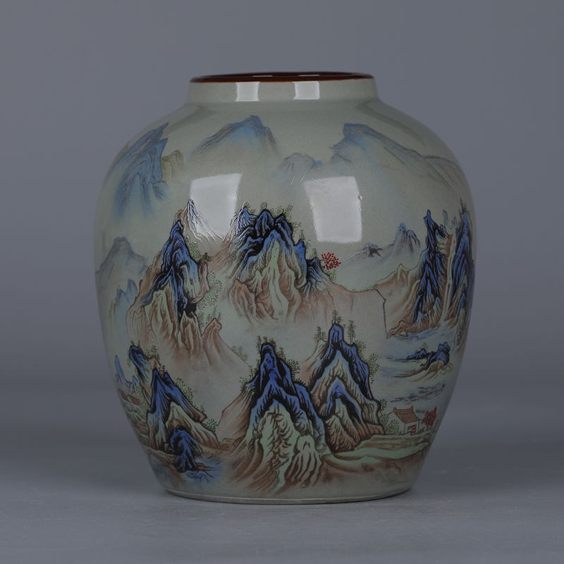 Vintage Qianli Jiangshan Porcelain Vase Bean Green Flower Jar Chinese Decor