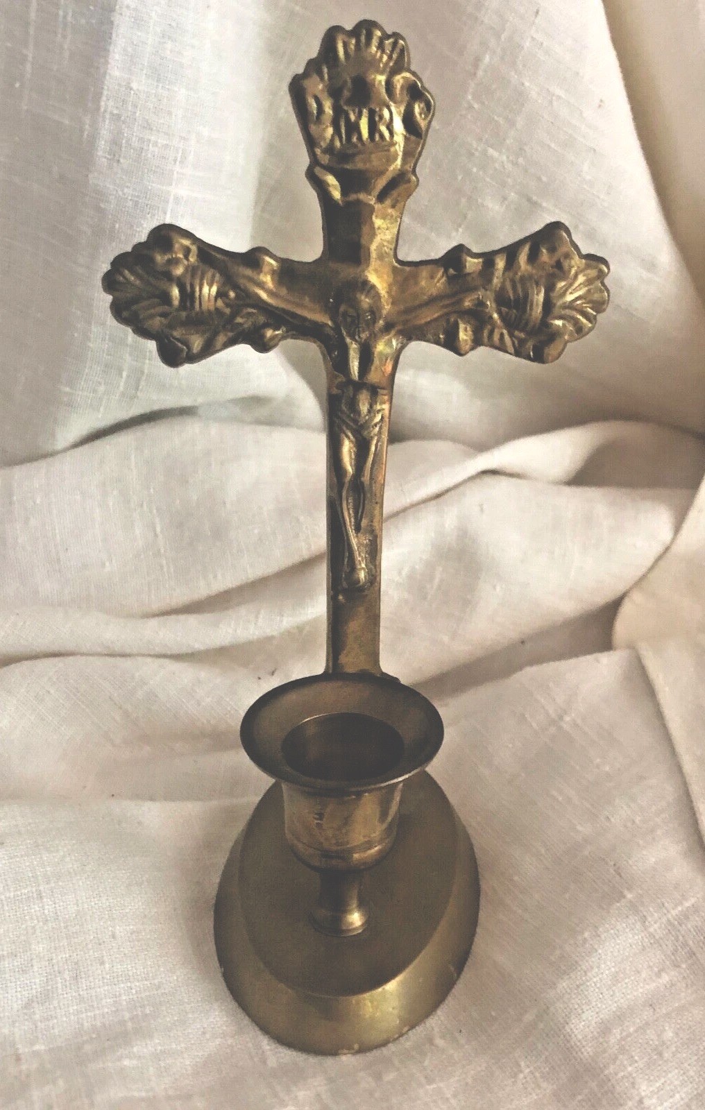 Vintage Candleholder Crucifix Brass 6.5