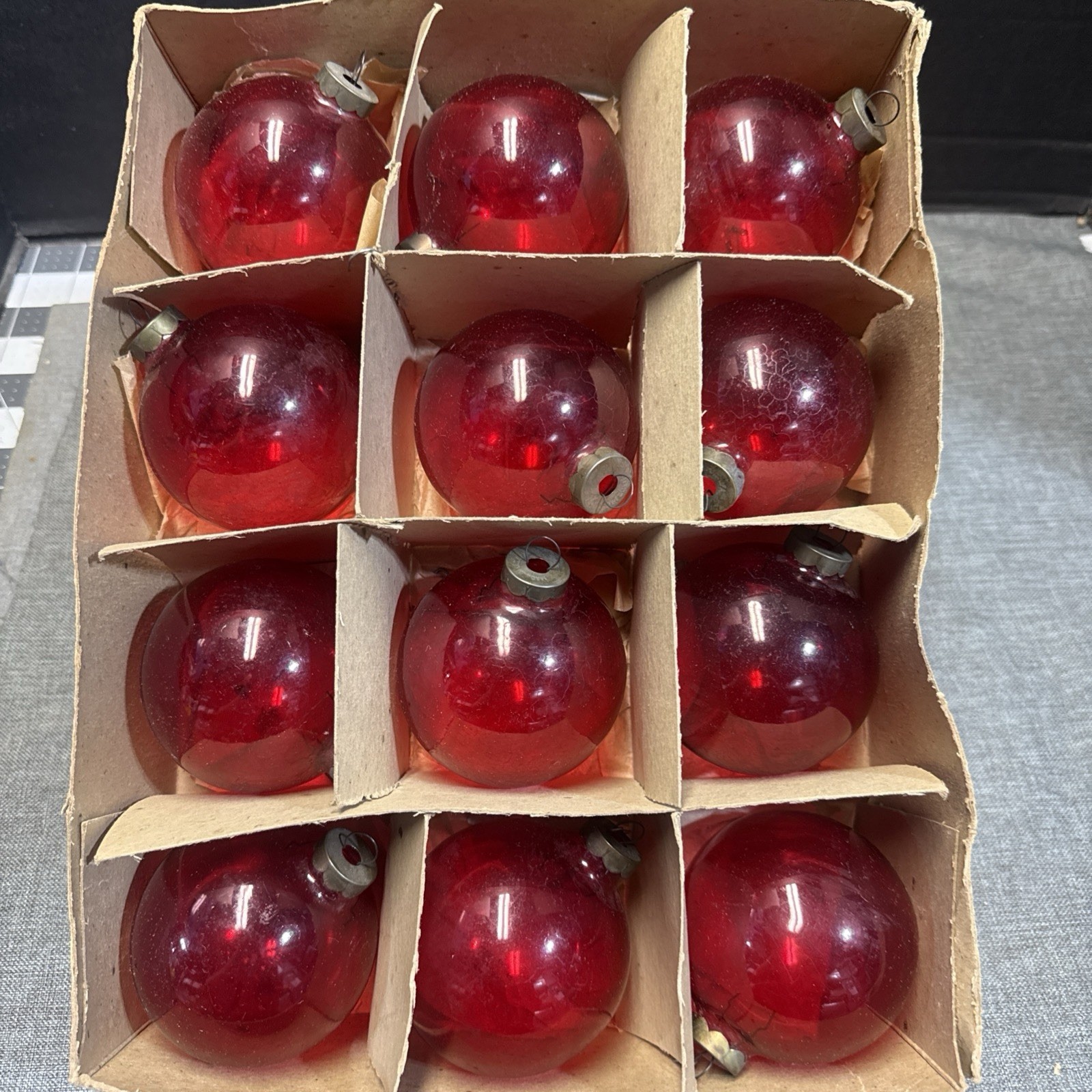 12 Vintage Red Unsilvered Glass Christmas Ornament 3”