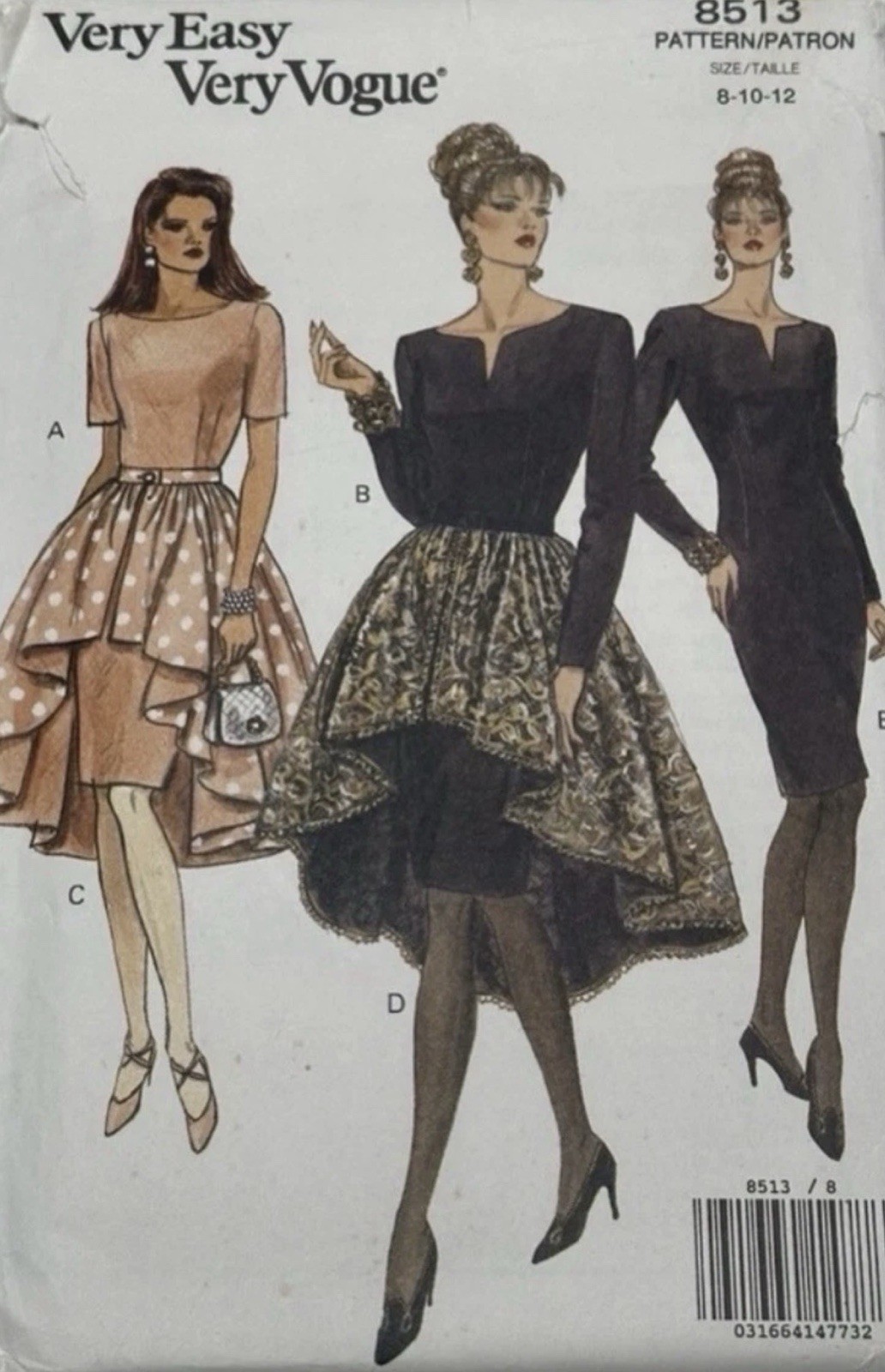 Vtg 1992 Vogue 8513 Sewing Pattern Party Dress High Low Overskirt Glam 8 10 12