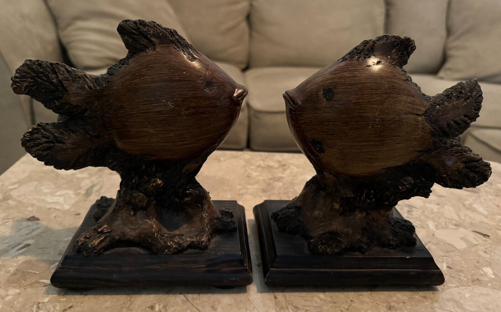 2 Large Fish Figurines Bookends exotic resin burled Wood 6x3.5x7