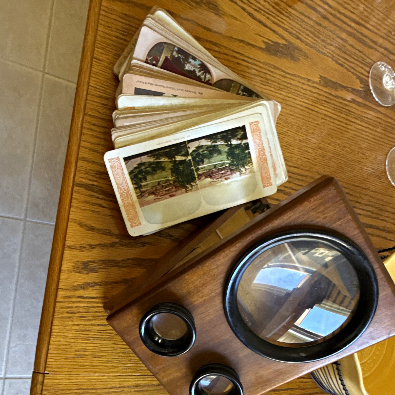 Vintage Keystone View Co. Wood Stereoscope Viewer Set w/ Hand-Tinted Color Cards