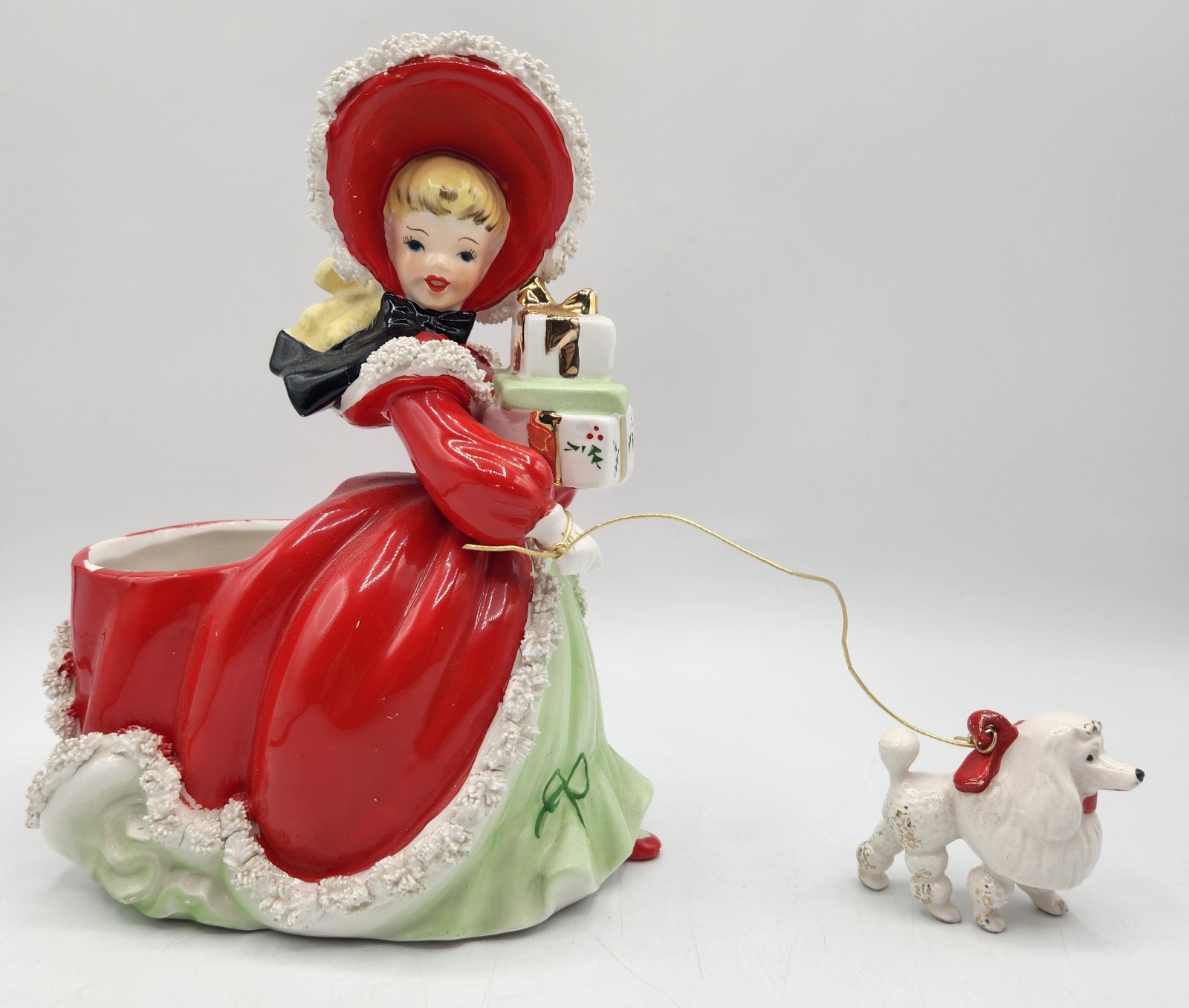 Vintage NAPCO Christmas Shopper Girl & Poodle Red Spaghetti Trim Planter AX2752B