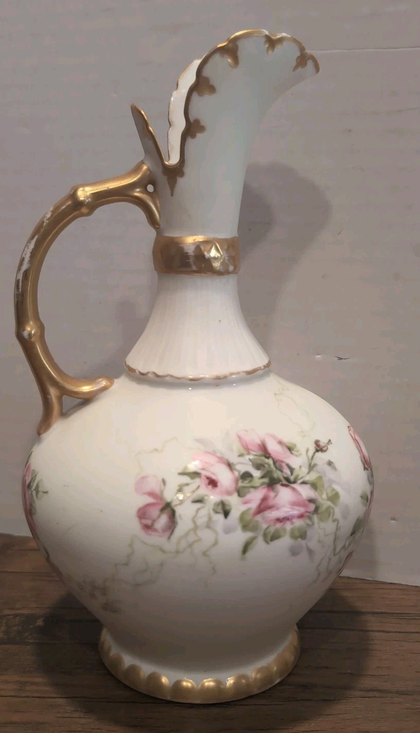 Antique A.K. France Hand Painted Pink Roses Porcelain Bud Vase Ewer Gold Gilt 8\
