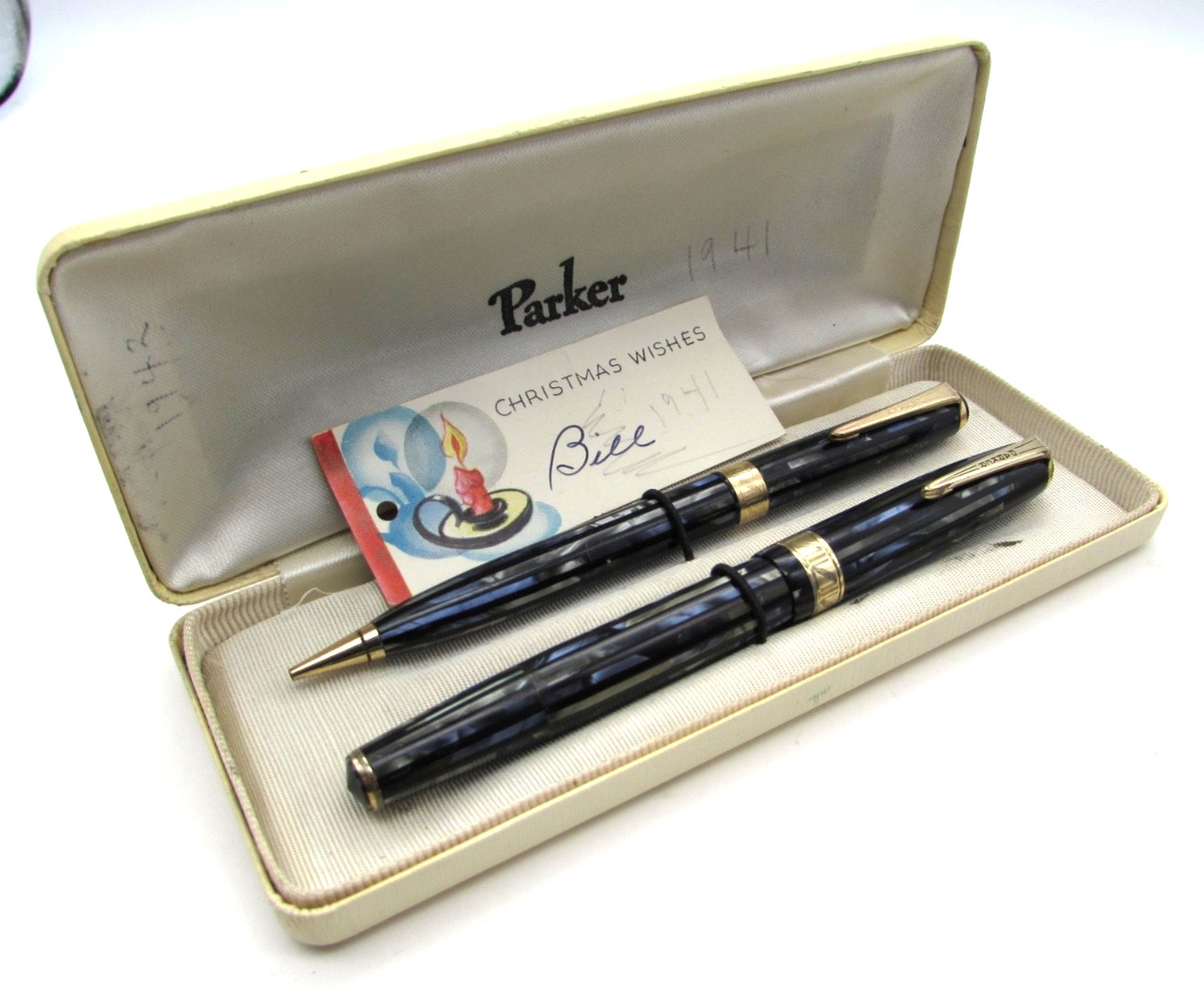 Vintage 1941 Parker Duofold Blue Stripe Fountain Pen & Pencil Set Double Jewel