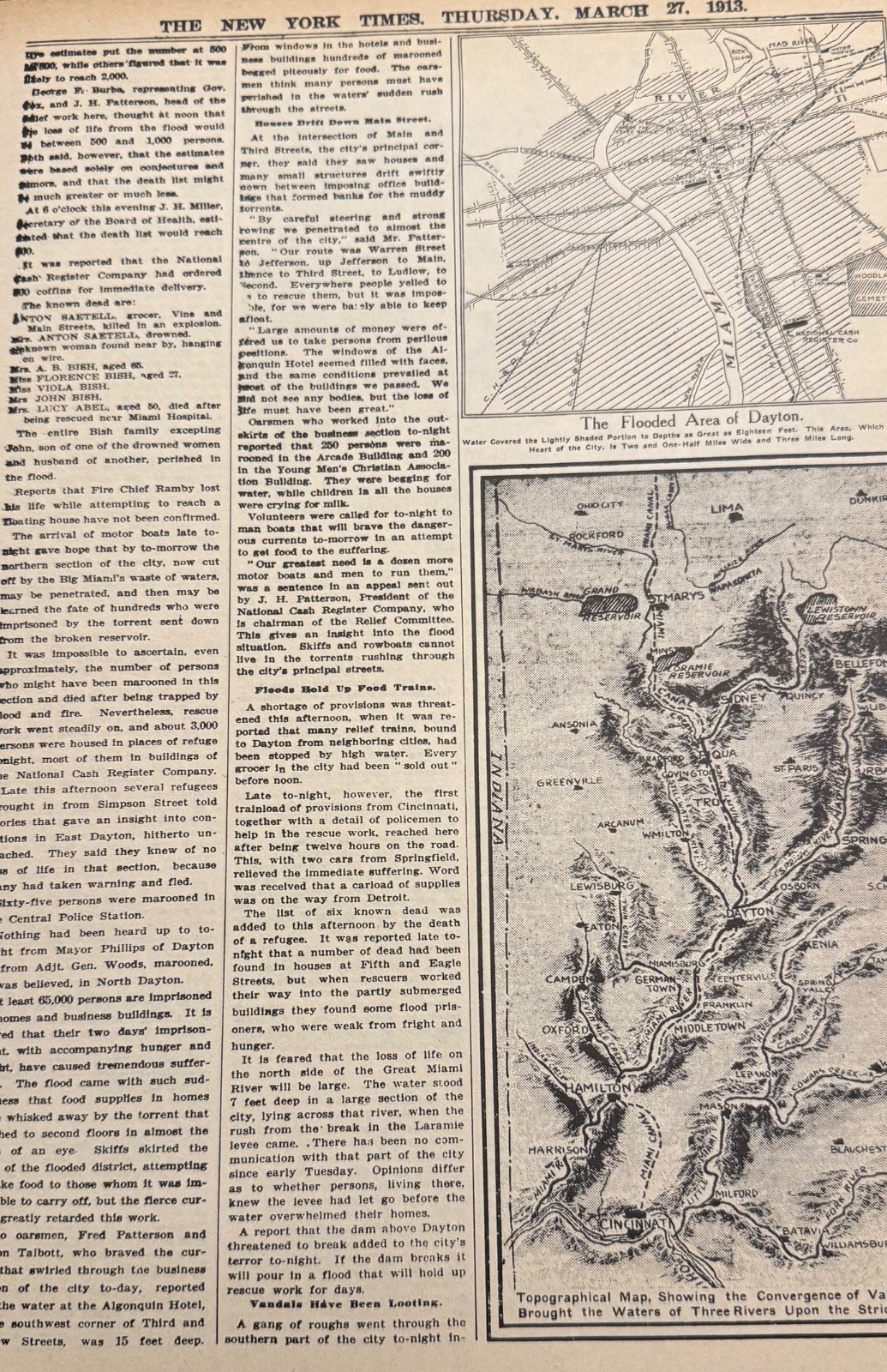 Vintage Dayton flood March 27, 1913 NEW YORK TIMES News Article